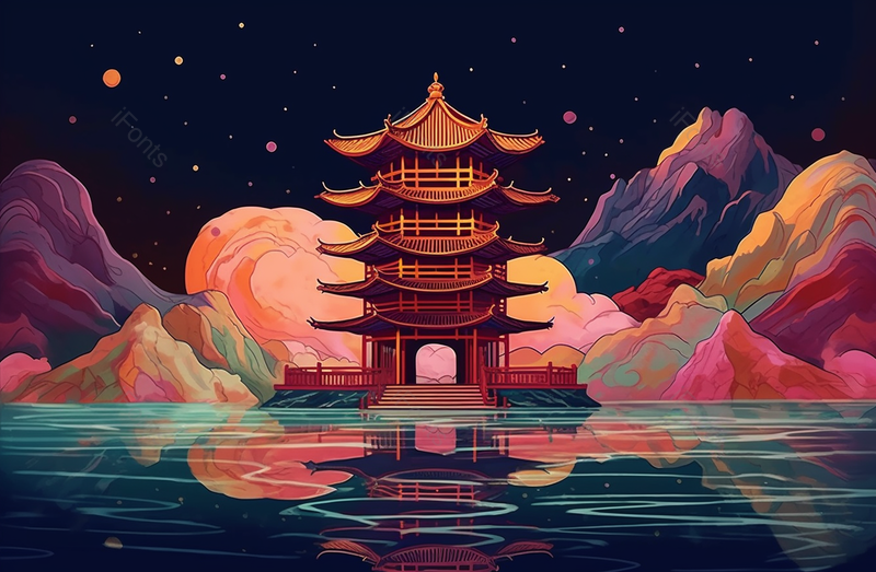 中国风山水凉亭亭台楼阁夜空下宁静的湖面建筑倒影插画,插画/手绘图,插画/手绘图库,插画/手绘图下载,插画/手绘